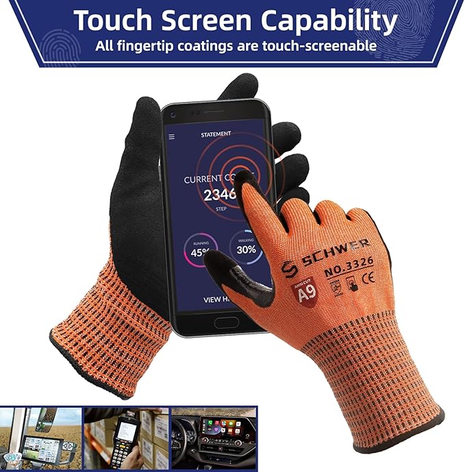 Schwer 12 Pairs ProGuard Highest Level Cut Resistant Work Gloves PR3326 for Extreme Protection，ANSI A9 Cut Gloves with Reinforced Thumb, Non Slip, Breathable, Durable, Touch-screen, Orange S