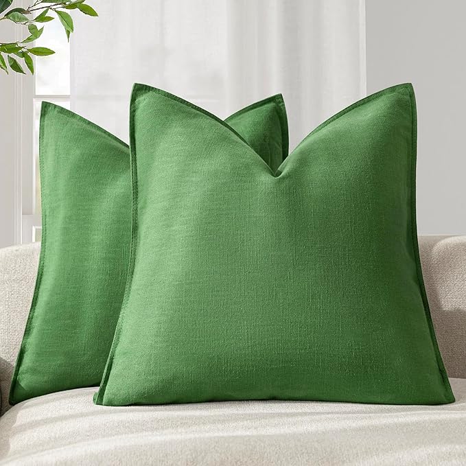 Foindtower Pack of 2, Decorative Linen Soild Throw Pillow Covers Soft Accent Euro Cushion Case Boho Farmhouse Pillowcase for Chair Couch Sofa Bedroom Living Room Home Decor 18 x 18 Inch Forest Green