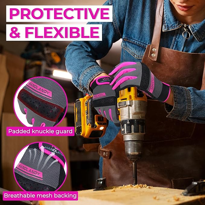 HANDLANDY Work Gloves for Women, Breathable Leather Gardening Glove for Yard Maintenance, Hand Protection with Touch Screen
