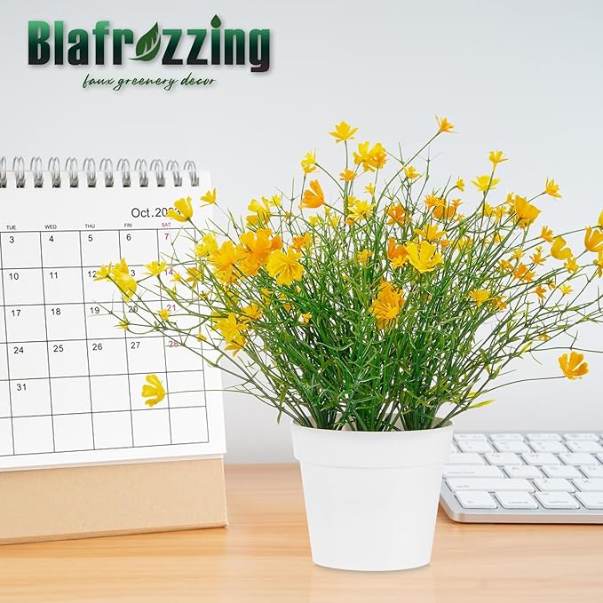 Babys Breath Potted Fake Plants with Flowers Faux Plants Indoor for Home Office Bookshelf Table Farmhouse Room Decor, Yellow (Pack of 2)