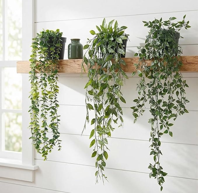 Artificial Hanging Plants, 3 Pack Faux Eucalyptus Mandala Vine Pea Pod Potted Greenery, UV Resistant Waterproof for Indoor Outdoor Garden Wall Wedding Decor