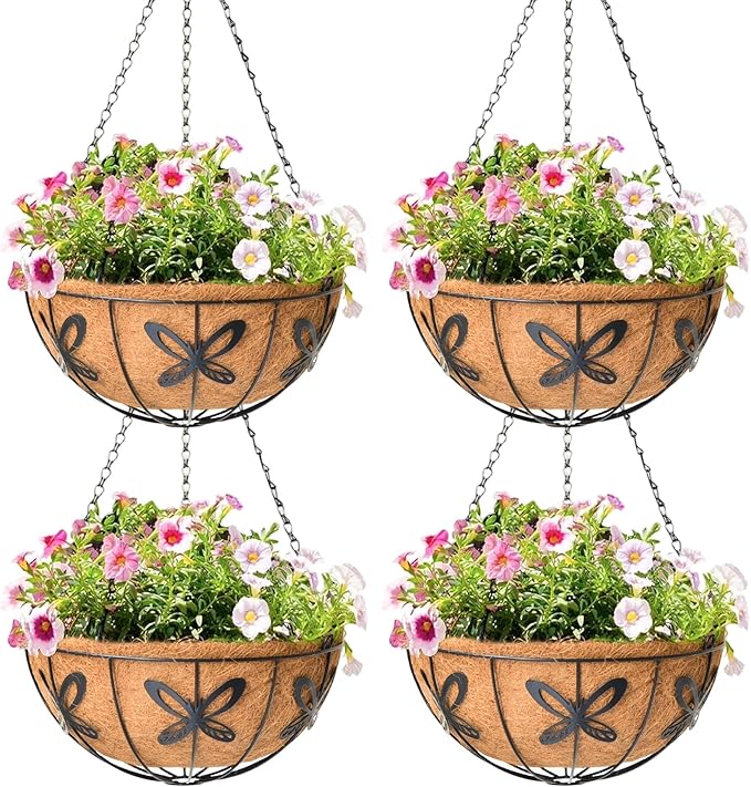 4 Pack 14 Inch Hanging Baskets for Plants Outdoor Metal Hanging Planter Hanging Flower Baskets with Coco Fiber Liners Chain Round Wire Plant Holder Hanging Flower Pots(Butterfly)