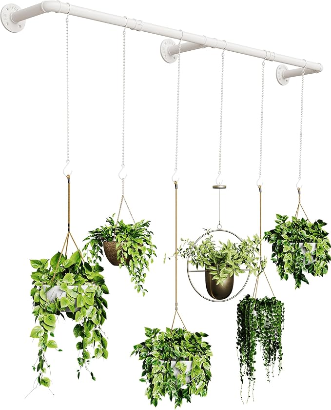 SOFITORG Plant Haning Rod, Hanging Planters for Indoor Plants with 6 Chains, Wall Plant Hanging Bar for Window Celling, 65.7 Inch, Metal White, Pots Not Included