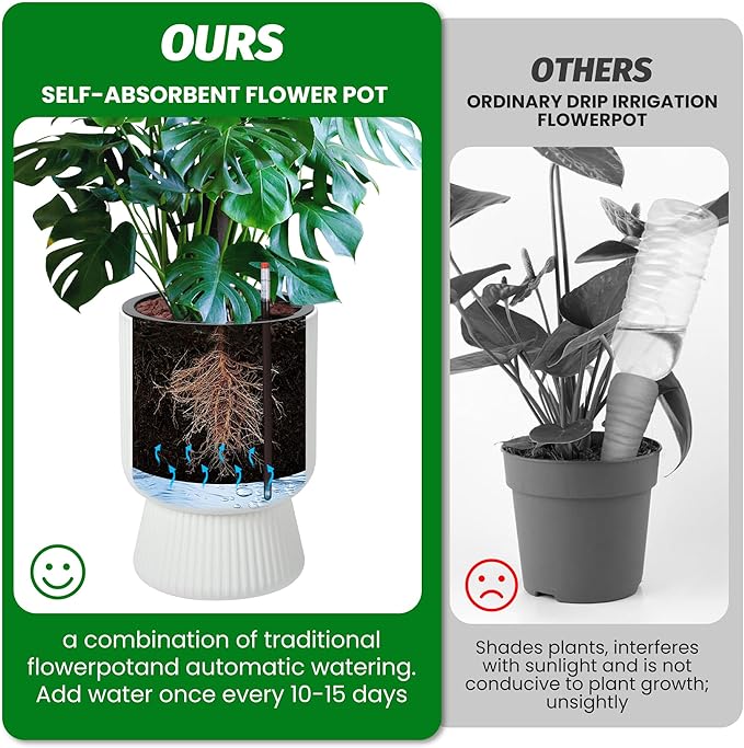 14 Inch Plant Pots, Self Watering Planters Set of 2 with Drainage Holes, Tall planters for Indoor Plants, Flower Pots with Water Level Monitor, for Patio, Porch, Living Room, Home Office, White