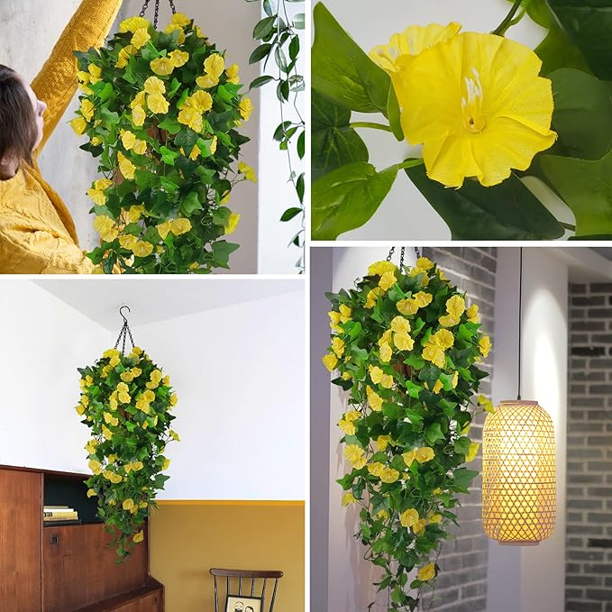 Artificial Fake Hanging Flowers Plants Basket for Spring Outdoor Outside Decoration, UV Resistant Faux Plastic Fabric Flower Morning Glory Wisteria Petunia for Garden Porch Patio Balcony Yard Decor