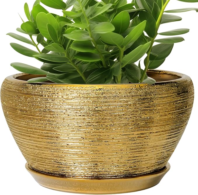 Ceramicfor Ceramic Planter 11 Inch - Indoor Plant Pot with Drainage Hole and Saucer Large Planter for Outdoor Plants Mid-Century Decorative Flower Pot for Home Decor Gold