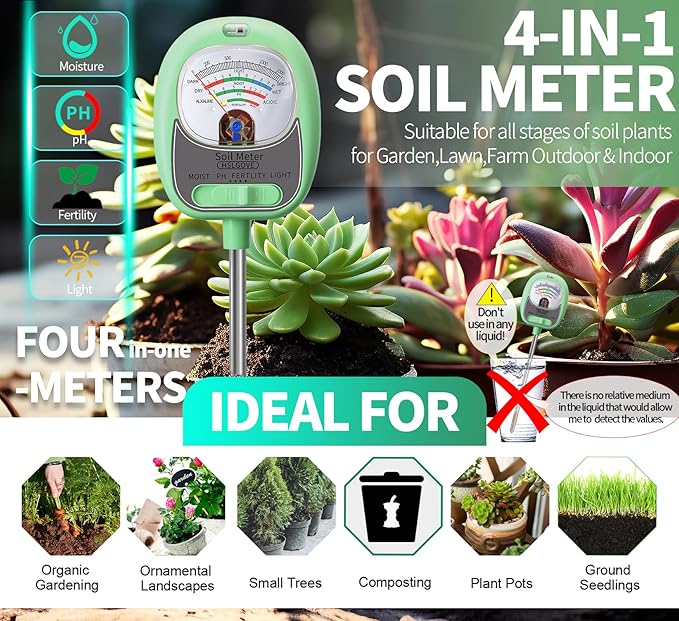 HSLGOVE 4-in-1 Soil Test Kit – Soil Moisture Meter, pH, Fertility & Sun-Light, No Battery Required, Large Dial Soil Tester for Indoor & Outdoor Gardening, Lawn, Farm –Mint Green