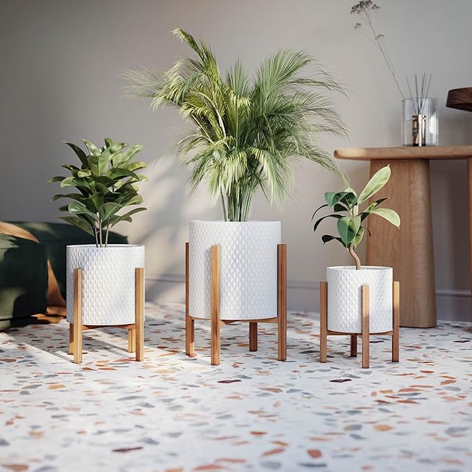 EverNest Claire Minimalist White Plant Pot with Kinsley Wood Stand, Indoor Mid-Century Planter, SelectBase, Modern Plant Holder, Boho Style Home Décor Pots (Set of 3)