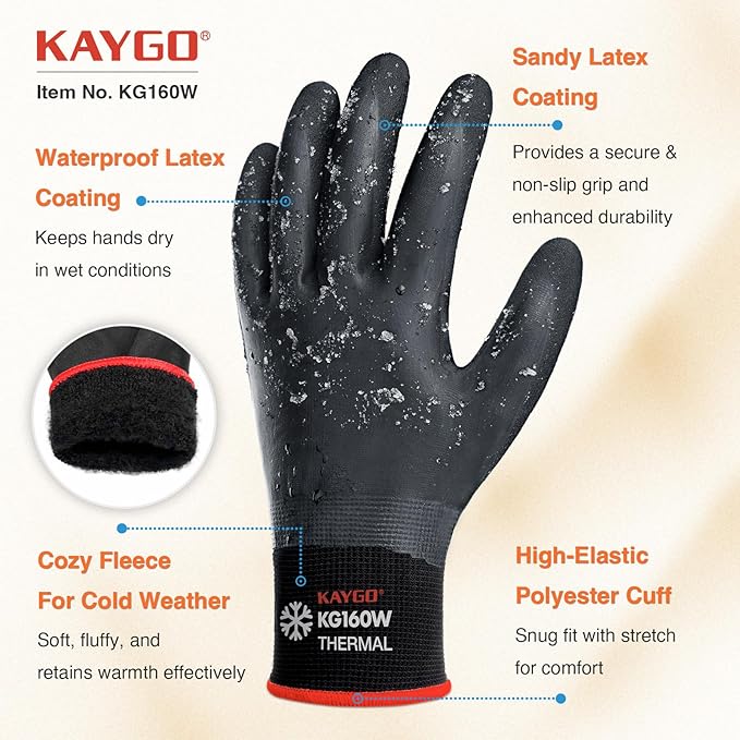 KAYGO Winter Waterproof Work Gloves for Men and Women, Thermal Insulated Freezer Rubber Coated Gloves,Super Grip, KG160 (XL, Black)
