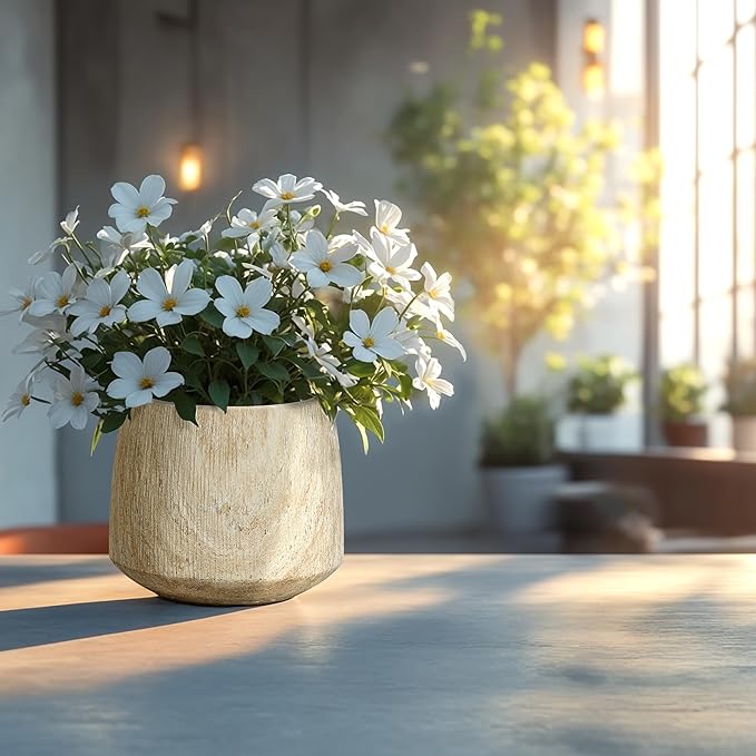 LuxenHome Round Tapered Planters, Set of 2 Outdoor Indoor Plant Pots with Drainage Hole, Decorative Lightweight Flower Pots, Rustic Wood Grain Texture Concrete Planter Pots for Home Garden Patio