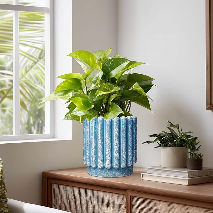 Ceramicfor Ceramic Planter - 7.6 Inch Ceramic Plant Pots with Drainage Hole, Decorative Flower Pots for Indoor Outdoor, Fluted Round Planter, Room Home Decor, Plant Lover Gifts for Women, Blue