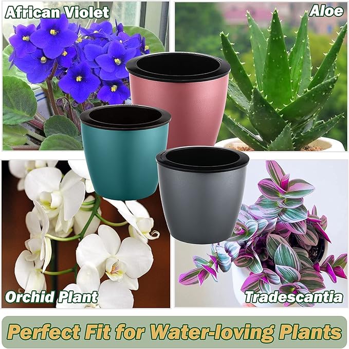 Planterhoma 6.7 Inch Self Watering Pots for Indoor Plants, 3 Packs African Violet Pots, Black Wick Pot with Drainage Holes, Self Watering Planters for Orchid, Devil's Ivy, Silver/Blue/Rose Gold