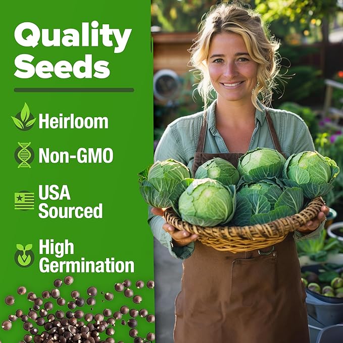 HOME GROWN Cabbage Seeds 7 Variety Mix 2000+ Heirloom Non-GMO, High Germination, Bok Choy, Red & Green Acre, Savoy, Napa Michihili, Copenhagen Market, Jersey Wakefield, Cold Hardy