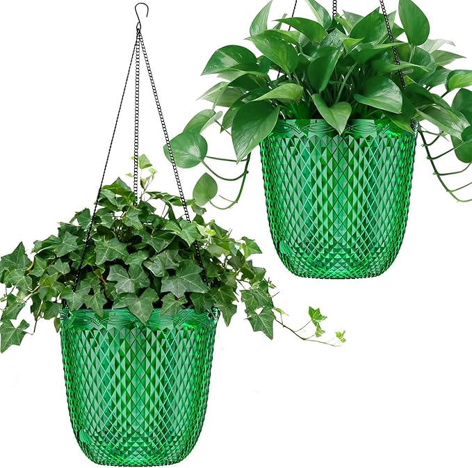 QCQHDU Self Watering Hanging Pots, 2 Pack 7.2 Inch Hanging Planters for Plants Indoor, Flower Pots with Drainage Holes and 3 Hooks Chains for Garden Home (Emerald)