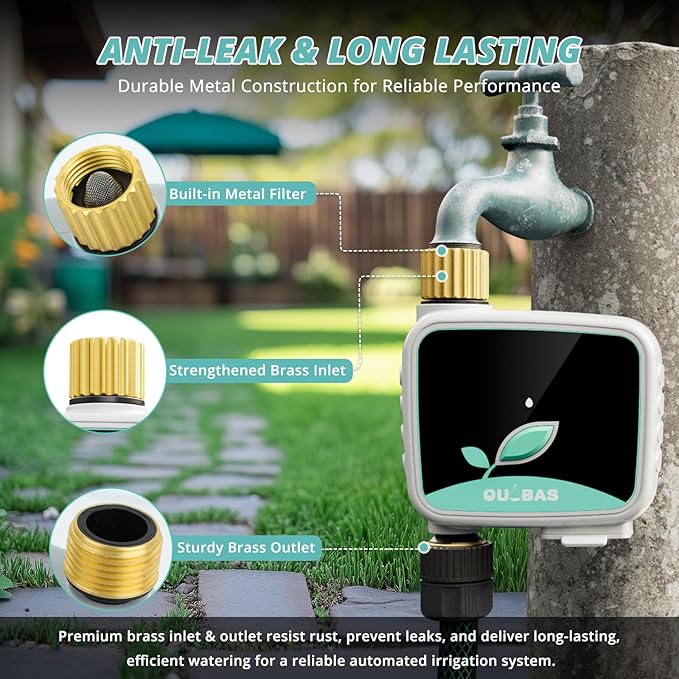QUOBAS Smart WiFi Water Timer for Garden Hose, 1 Zone Brass Sprinkler Timer with App Control & Rain Delay/Auto/Manual 3 Modes for Drip Irrigation, Pool & Lawn, Battery Powered