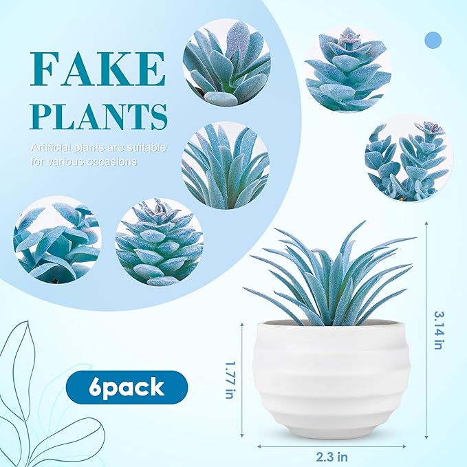 Der Rose 6 Pack Blue Succulents Plants Artificial in Pots Small Fake Plants for Blue Bathroom Bedroom Home Decor Aesthetic Home Decor