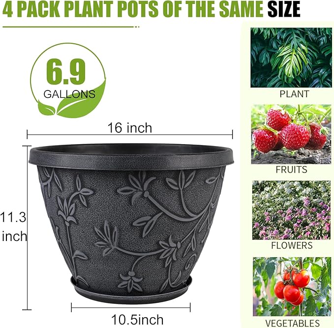 Nooulap 4 Pack 16 Inch Large Plant Pot for Outdoor, Plastic Flower Pot Indoor with Drainage Hole & Saucer, Modern Decorative Garden Pot, Imitation Magnolia Garden Pots for House Planters（Gray）