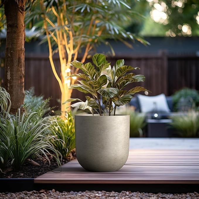 Kante 16.5" Round Concrete Planter, Large Cylinder Plant Pot with Curved Bottom and Drainage Hole, for Indoor and Outdoor Use – Garden or Patio, Weathered Concrete Finish with Painted Interior