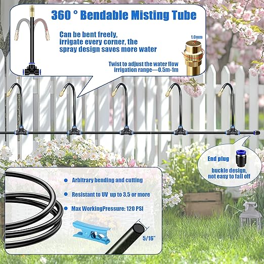 Dianrui 360° Curved Garden Automatic Irrigation System—50FT Drip Irrigation System for Garden,Lawn & Raisedbed & Greenhouse Watering Equipment, Drip Irrigation Kit with Adjustable Copper Nozzles 5/16"