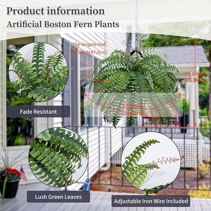 37 Inch Artificial Boston Fern Large Hanging Plant, Set of 4, Fake Ferns that Look Real for Home and Office Decor, Faux Fern Vines with 36 Fronds for Each Bouquet（No Basket）