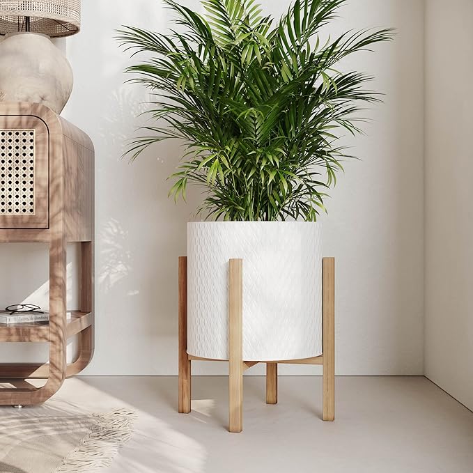 EverNest Claire Minimalist White Plant Pot with Kinsley Wood Stand, Indoor Mid-Century Planter, SelectBase, Modern Plant Holder, Boho Style Home Décor Pots (Set of 3)