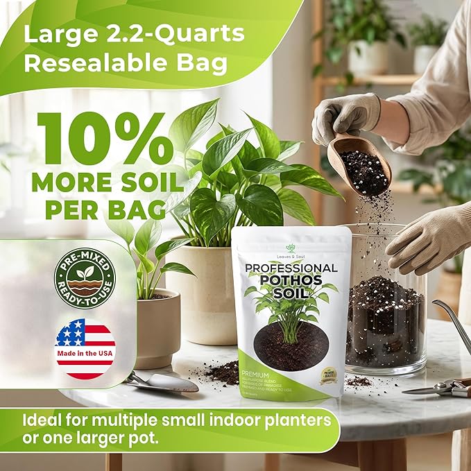 Professional Pothos Soil | Premium All Purpose Blend | Large 2.2 Quarts | Ready to Use for Indoor Plants | Peat Moss, Coco Coir, Perlite, Dolomite | Made in USA