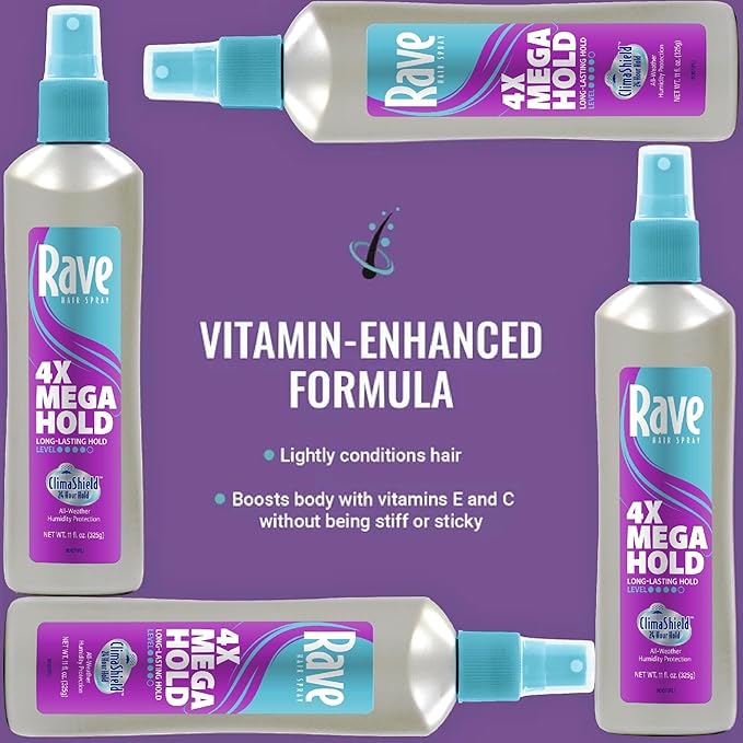 rave 4X Mega Long-Lasting Firm Hold Hair Spray for Heat Protection, Volume and Shine - 24 Hour Hold & Anti Humidity Spray for Hair - Minimizes Frizz - Unscented & Non Aerosol - 11 Fl Oz (Pack of 3)