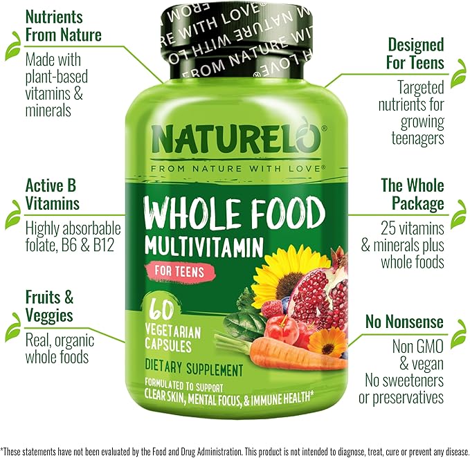 NATURELO Multivitamins for Teenage Girls/Boys, 60 Capsules, Whole Food Multivitamin with Minerals, Non-GMO, Vegetarian