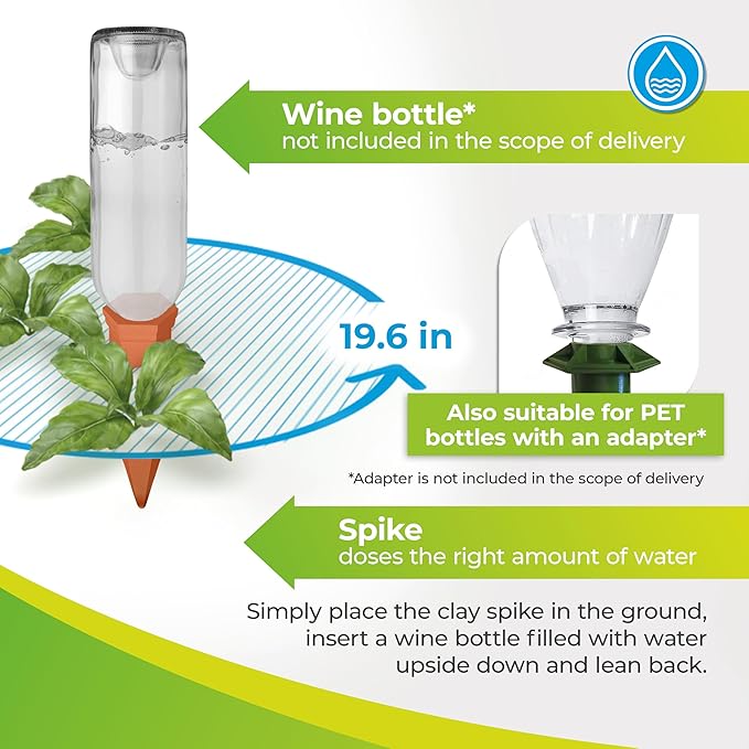 BioGreen Plant Self-Watering Stakes Hydro Wine | Irrigation Ø 19.6 inches | Clay Spikes for Wine-/PET-Bottles up to 3.1 Cups | Terracotta | 4 Pcs