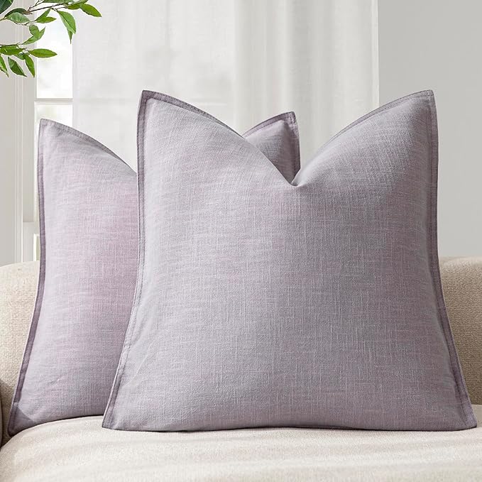 Foindtower Pack of 2, Decorative Linen Soild Throw Pillow Covers Soft Accent Cushion Euro Case Boho Farmhouse Pillowcase for Chair Couch Sofa Bedroom Living Room Home Decor 20 x 20 Inch Light Purple