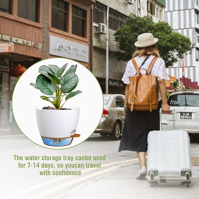 WSMKSZ 8 inch Self Watering Pots, 2 Pack Plastic Planters with Mesh Drainage Holes for Garden Plants and Flower, Plants Pots with Deep Reservoir for Indoor Outdoor Plants, White with Brown