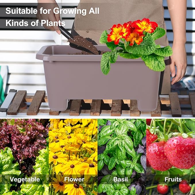 Oliz Self-Watering Rectangle Planter Boxes 8-Pack, 15.7-Inch Window Box Planter with Drainage Holes & Trays, Pots for Vegetables, Herbs, Flowers, Garden Windowsill Balcony (Coffee)