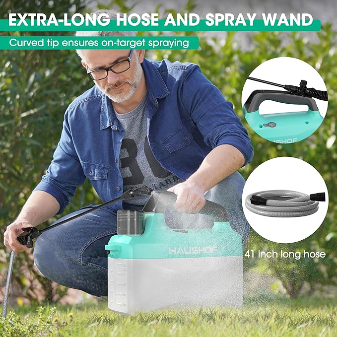 HAUSHOF 1.35 Gallon Battery Powered Garden Sprayer, Rechargeable Electric Weed Sprayer for Lawn & Indoor/Outdoor Plants, Adjustable Nozzles, Shoulder Strap