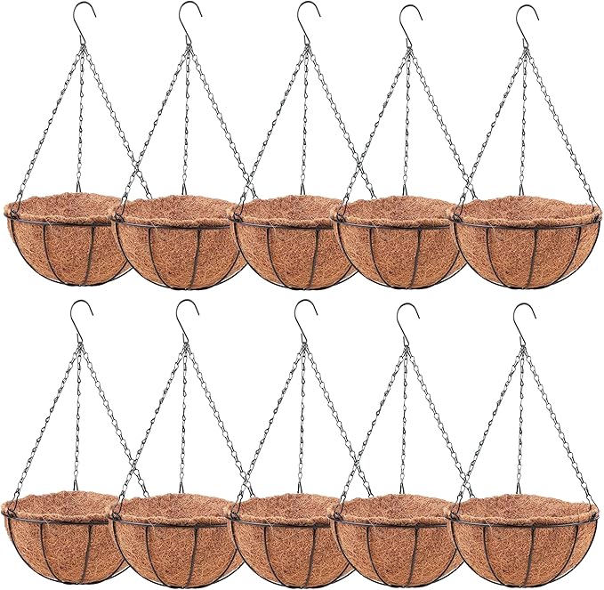 LaLaGreen Hanging Baskets (8 Inch, 10 Pack) Small Hanging Planter with Coco Liner Round Flower Pots, Black Outdoor Planters Basket Metal Wire Holder Hook Deck Porch Modern Garden Balcony Decorations