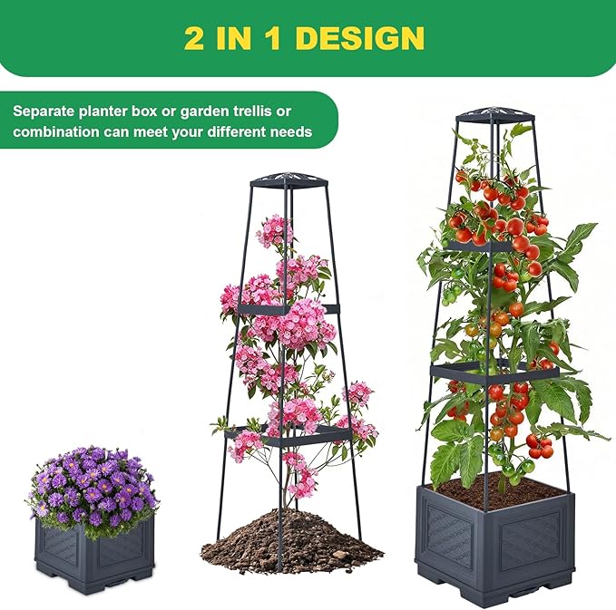 Raised Garden Bed, Tomato Cages for Garden, Tomato Cage, Raised Garden Beds Outdoor, Planter Box with Trellis, 44.8" Self-Watering Tomato Planter for Climbing Plants Vegetables Flowers(With Wheels)