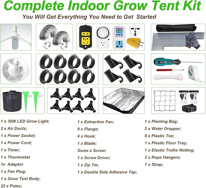 iMeshbean Grow Tent 48"x24"x80" Complete Grow Tent Kit Indoor Plant Growing Room LED Full Spectrum Grow Light Hydroponics Growing System Ventilation Inline Fan + Acceseries