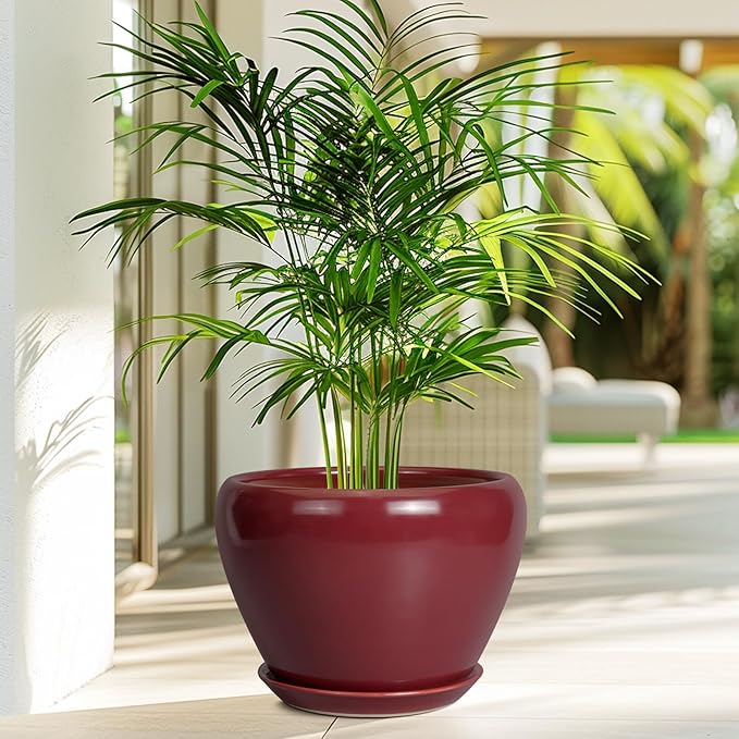 Ceramicfor 10 Inch Plant Pot - Ceramic Planter Pot with Drainage Hole and Saucer Large Planter for Indoor Plants Round Outdoor Flower Pot Mid-Century Decor Red