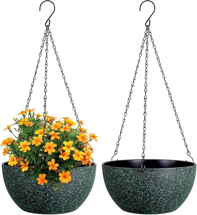 Meowell 10 inch Hanging Planters for Indoor Outdoor Plants, 2 Pack Hanging Flower Pots with Drainage Holes and Chain for Garden, Plastic Hanging Baskets for House Plants, Black with Green Speckles
