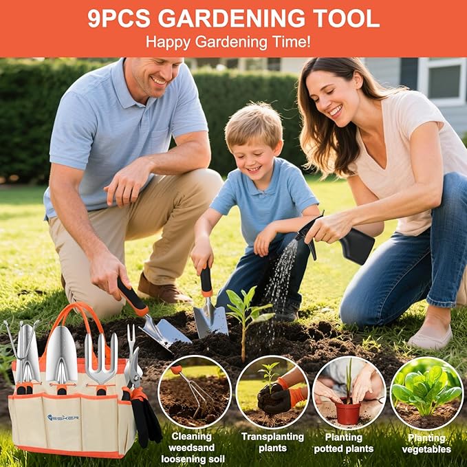 Yesker Gardening Tools 9-Piece Heavy Duty Garden Tool Set Gardening Supplies Gifts for Women Men Gardening Hand Tool Kit with Non-Slip Ergonomic Handle, Garden Bag, Durable Gloves and Shears, Orange