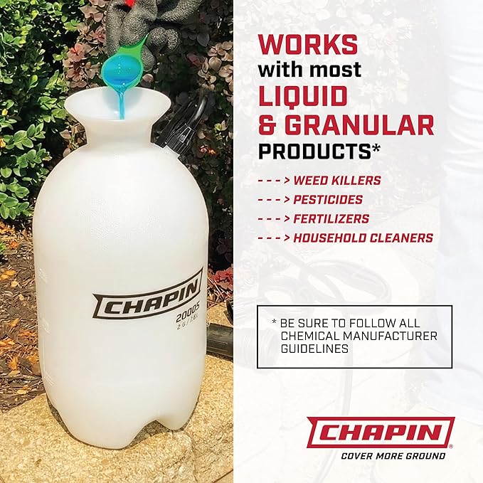 Chapin 20024 Pump Sprayer, 2‑Gallon, Lawn & Garden, Translucent Poly Tank, Funnel‑Top, SureSpray Anti‑Clog Filter, Adjustable Cone Nozzle & 34" Hose for Fertilizer, Weed & Pest Application, Pack of 2