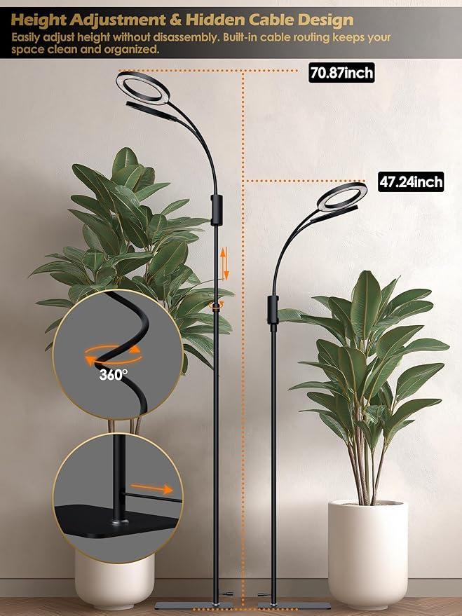 Smart Grow Lights for Indoor Plants, 48W Plant Light with Auto-Timer, Full Spectrum LED Grow Light, Adjustable Height & Stepless Dimming,Plant Assistant Suitable for Most Plants (Black (Dual Heads))