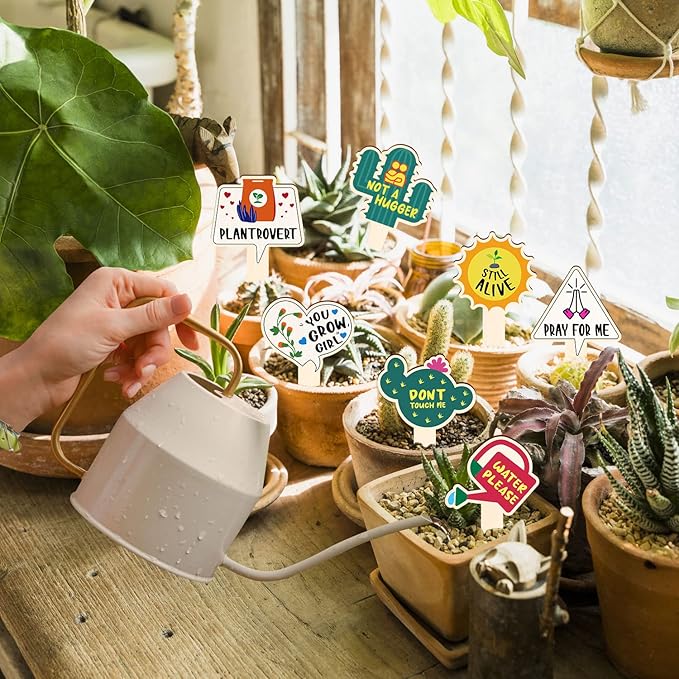JUYRLE Funny Wooden Plant Labels - 15 Pack Tags for Succulents, Flowers, Greenery; Waterproof, Outdoor Garden Plant Markers; Perfect Gifts for Plant Lovers
