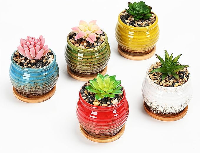 Cute Circular Ceramic Home Garden Decoration Succulent Cactus Flower Pots Container with Bamboo Tray -Plant Not Included (Yellow, 3.8 Inch)
