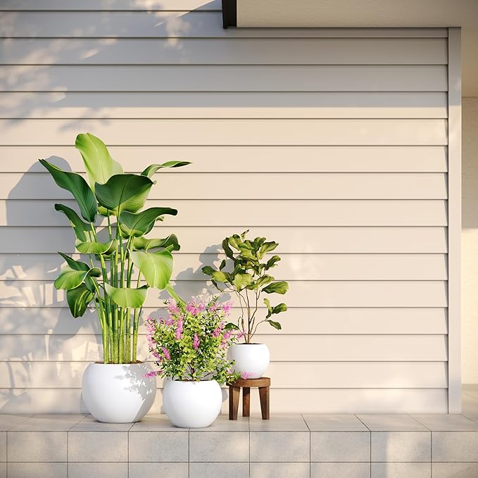 DTY Mount Sherman 12.6" D x 10'' H (Pot Opening 8.5") Fiberstone Round Planter with Drainage Hole, Smooth Finishes, Weather Resistant for Indoor and Outdoor, 2 Extra Coco Mats - White, Small