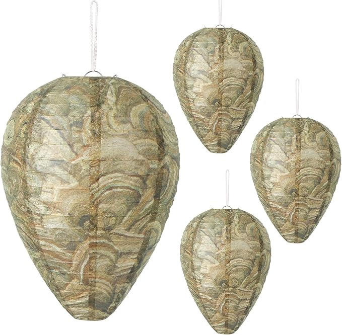DECYOOL 4 Pack Paper Wasp Nest Decoy Hanging Wasp Nest Stay Away from Wasps Hornets Yellow Jackets(Brown Green)