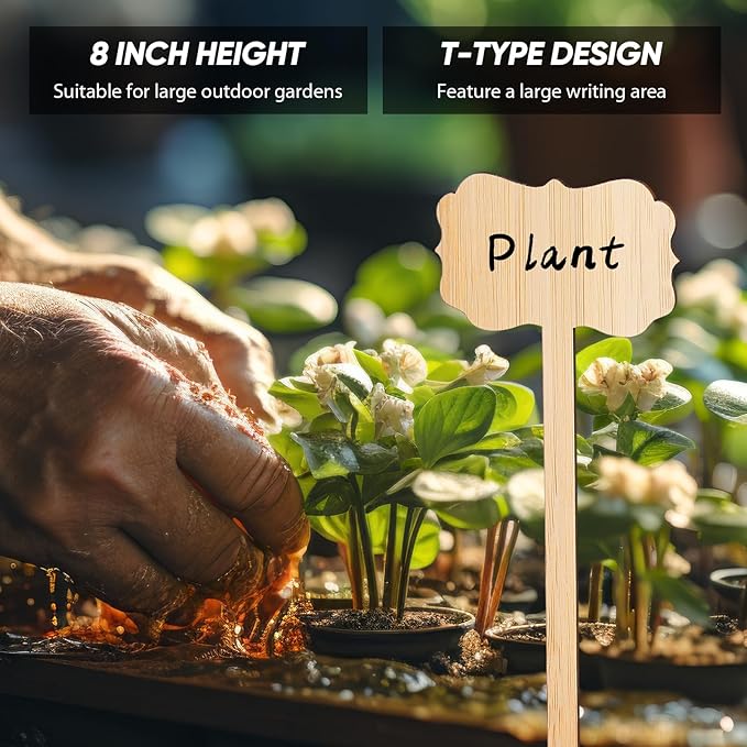 Jingmore 100 Pcs Bamboo Garden Markers Plant Labels 8 Inch Extra Long Plant Tags for Seedlings with Pen T-Type Tags Waterproof Nursery Garden Signs for Outdoor Flower Herb Potted