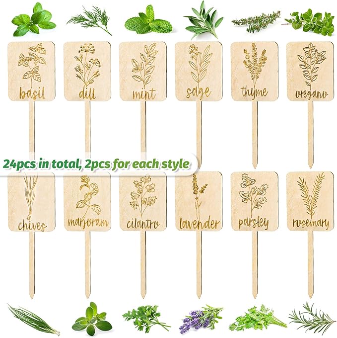Whaline 24Pcs Wooden Plant Label Signs Planted Herb Garden Markers Plant Stake Tags with Herb Names for Indoor Outdoor Nursery Garden Decoration, 12 Styles
