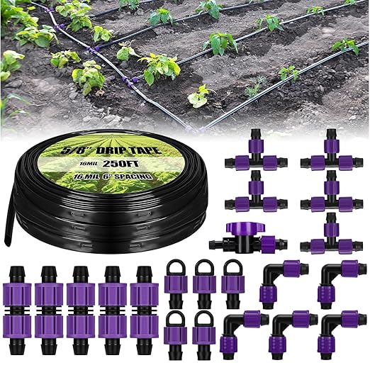Tondiamo 250' 5/8 Inch Drip Tape Irrigation Tubing Kit 16 Mil 6" Spacing Garden Hose Watering Tube Line Automatic Equipment for Garden Irrigation System Farms, Landscape, Lawn