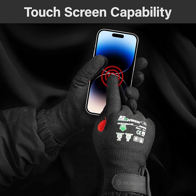 Schwer FreezeGuard Winter Work Gloves for Men and Women, ANSI A6 Cut Resistant Gloves With Super Grip, Freezer Glove for Work, Touchscreen, Thermal Insulated, PR3388, Black Knight (M, 1 Pair)
