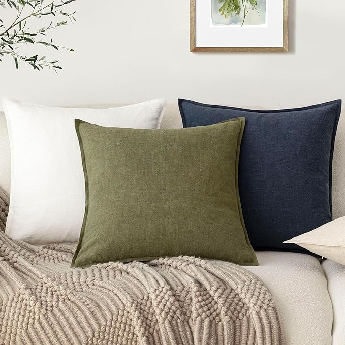 Foindtower Pack of 2, Decorative Linen Soild Throw Pillow Covers Soft Accent Cushion Case Boho Farmhouse Pillowcase for Chair Couch Sofa Bedroom Living Room Home Decor 16 x 16 Inch Olive Green